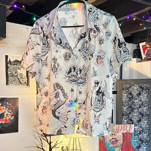 SHEIN Women's Casual Button Down Shirt - White with Black and Pink Graphics